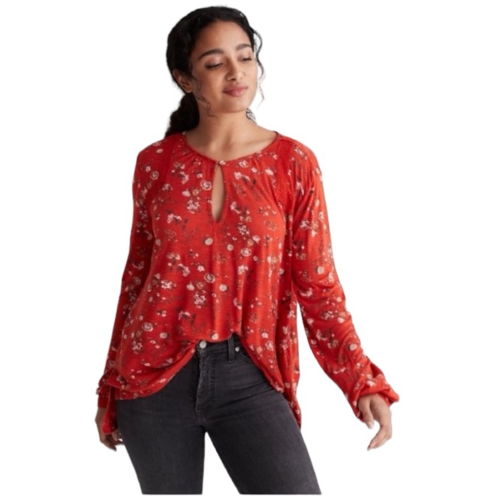 LUCKY BRAND woman's size medium M mix print floral lace keyhole neck red top